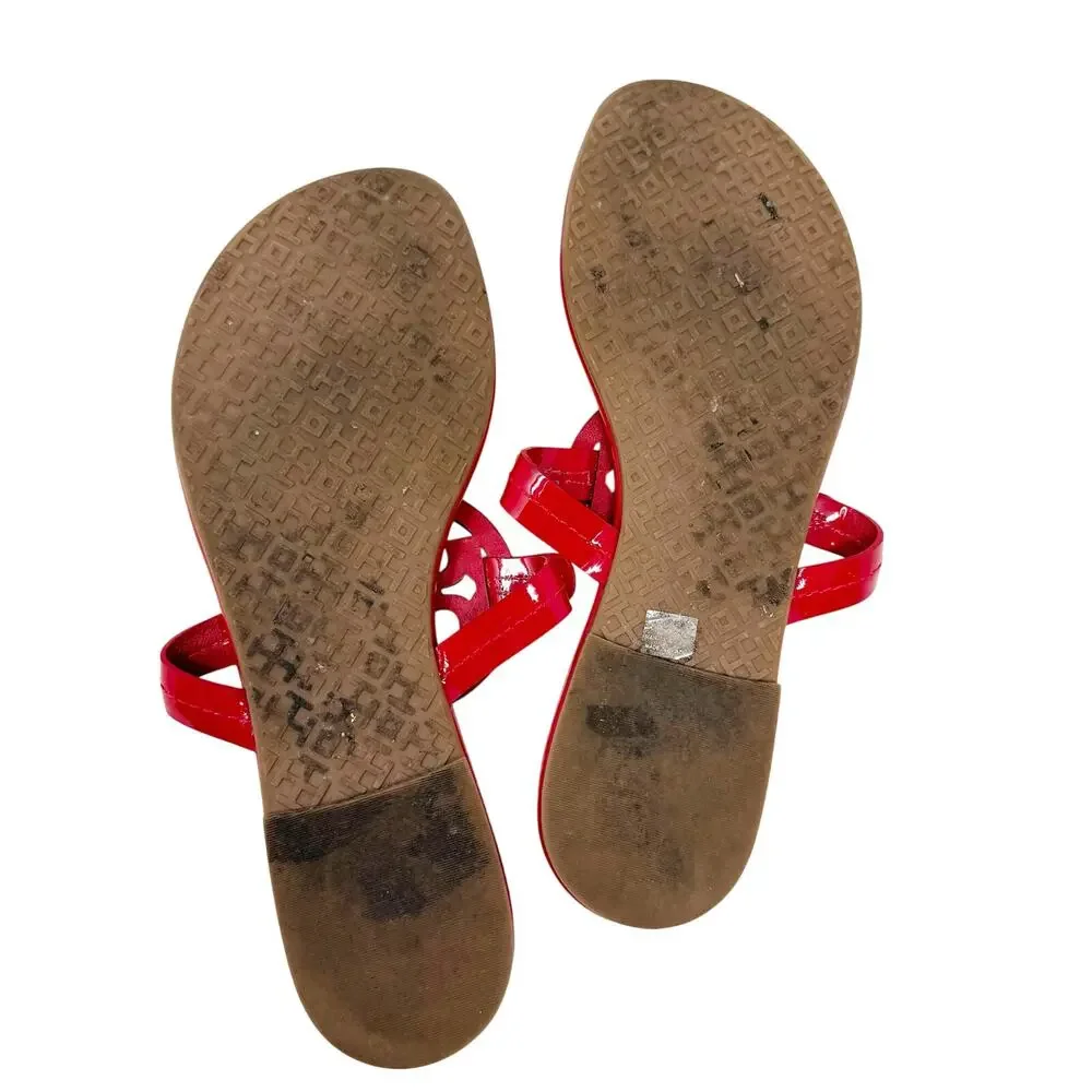 TORY BURCH Red Rainbow Patent Leather Miller Sandals Logo Medallion Size 7
